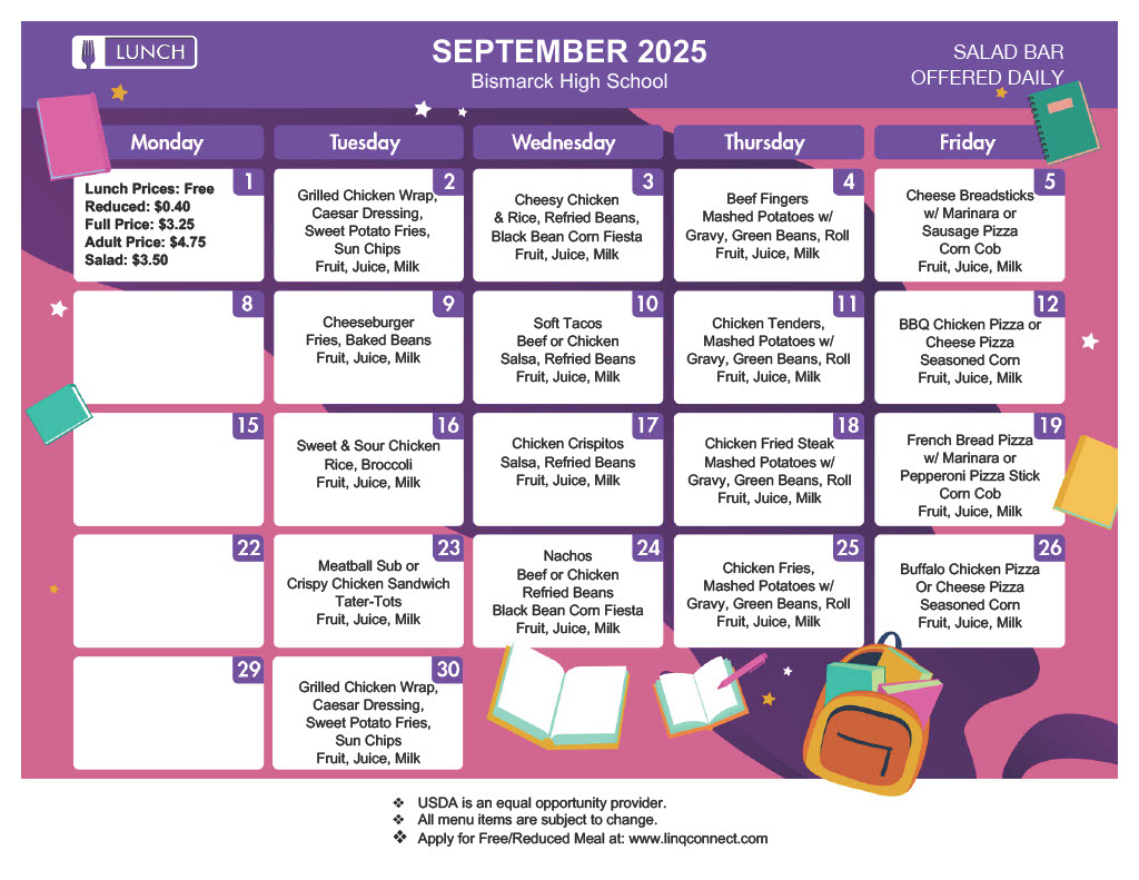 September Lunch menu for the high school